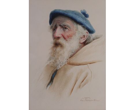 Antonio Enrico Fiorentino (Italian, 1894-1962) - Portrait of elderly bearded gent in a blue hatWatercolour, signed lower righ