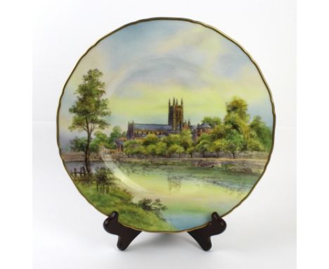 A Royal Worcester hand painted cabinet plate'Worcester Cathedral' by A. Wallcraft, signed, diameter 27cm  A Royal Worcester h