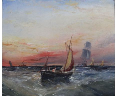 Early 19th Century School - 'Seascape Study, boats at dawn'Oil on board, 11.5x14cm, set in a foliate moulded gilt frame, alth