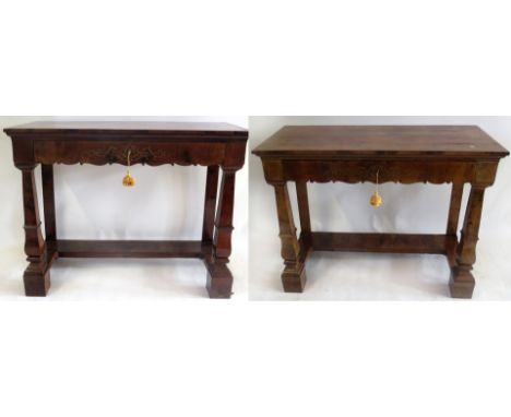 A pair of 19th Century continental mahogany and inlaid console tablesWith single frieze drawer, over tapering front legs and 