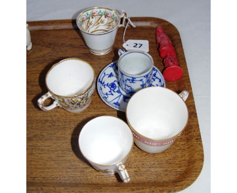 A mixed lot including a Chinese puzzle ball figurine carving, stained in red (5" tall), a Georgian Spode London shaped cup, w