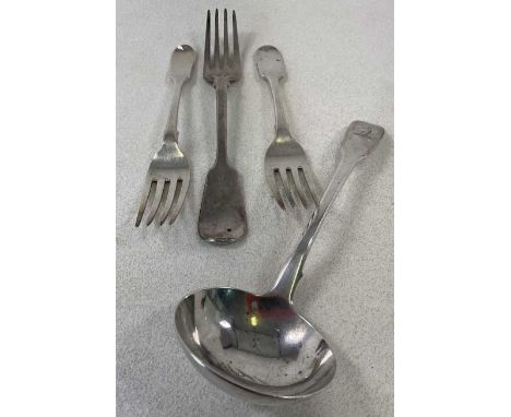 A William IV hallmarked silver Fiddle pattern ladle, London 1830, length 17.5cm, and three various hallmarked silver forks, c