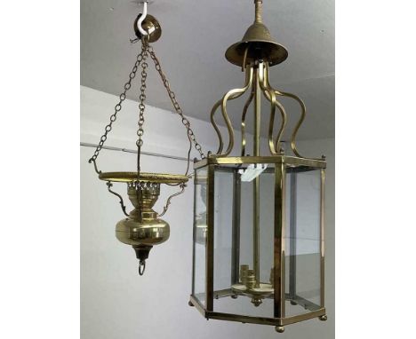 Two brass light fixtures, one hall lamp, height 66cm, and a converted oil light fitting.