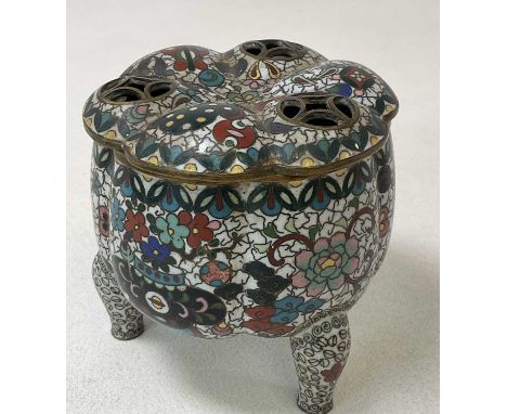 A late 19th century Chinese cloisonné censer and cover of lobed form, the pierced lift-off cover above a tripod base, unmarke