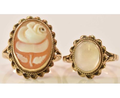 A 9ct yellow gold moonstone ring and a 9ct yellow gold cameo ring, combined approx 6g (2).Condition Report: Moonstone - Jcame