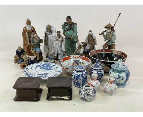 A quantity of Chinese ceramic figures, bowls and vases, largest height 33cm.