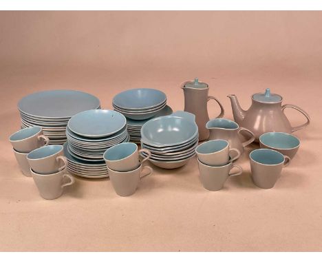 POOLE POTTERY; a quantity of 'Twintone' dinner and tea wares, in sky blue/dove grey colourway.