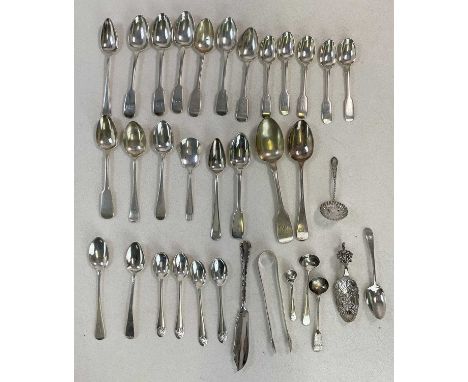 A quantity of silver flatware comprising twenty-four teaspoons, sifting spoons, two further spoons, sugar tongs, butter knife