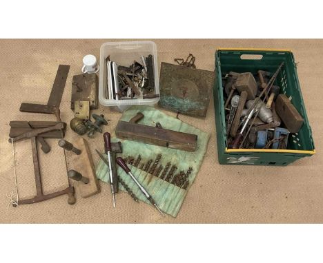 A quantity of wood working tools, to include various locks, keys and pulley systems.