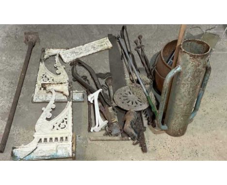 A quantity of various items of metalware, to include post driver and other tools, bucket, cast iron sink stand, and an assort