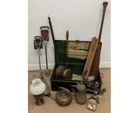 Collectors' items, to include two bed pans, oil lamp, copper teapot, metal trunk, candelabra and other items.