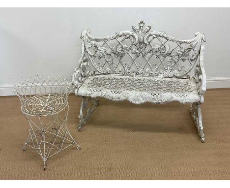 A small white painted aluminium garden bench, height 82cm, width 97cm, and a wirework planter (2).