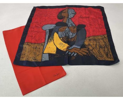 A scarf featuring a Picasso Cubist portrait of a seated woman with signature, 86 x 86cm, and a Cornelia James red scarf (2)