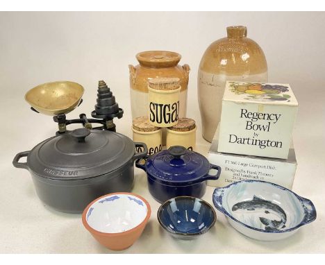 A quantity of kitchenalia items, including French cast iron casseroles, Highland Stoneware dish, weighing scales and weights,