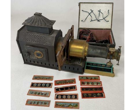 A vintage magic lantern with metal plate bearing the name Butcher and Sons, with a quantity of glass slides.