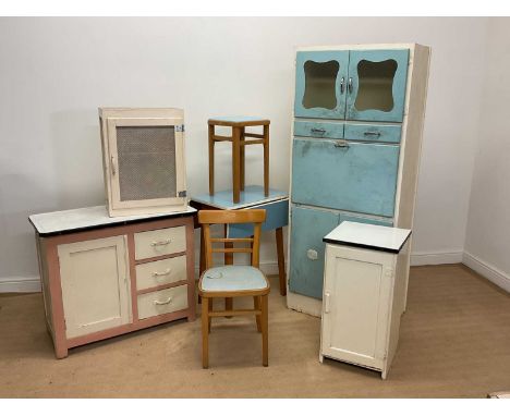 A vintage 1960s freestanding kitchen comprising larder/cupboard with two glazed doors, height 172cm, meat safe with mesh door