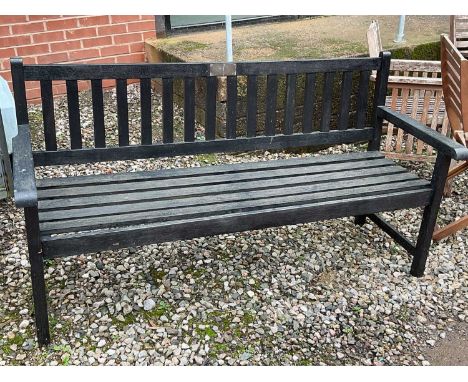 A wooden garden bench, height 86cm, width 162cm, depth 53cm.