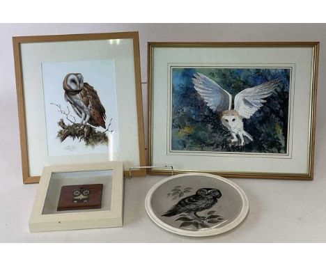OWLS; a ceramic owl plate, by Stuart Bass, a south Molton potter, two barn owl prints, largest 27 x 37cm by Pamela Slater and