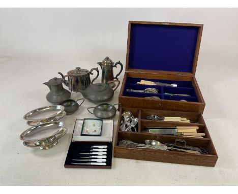 A quantity of silver plate flatware, pewter teaset and other items.