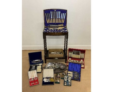 A quantity of silver plated flatware and other items, comprising a canteen of cutlery on a barley twist base, various boxed s