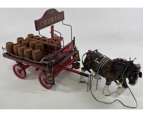 A large scale model of Courage Beers brewery horse drawn dray and a large ceramic shire horse, the dray height 45cm high, len