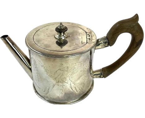 JOHN ROBINS; a George III hallmarked silver drum shaped teapot, with hinged lid, wooden handle and engraved detail, London 17
