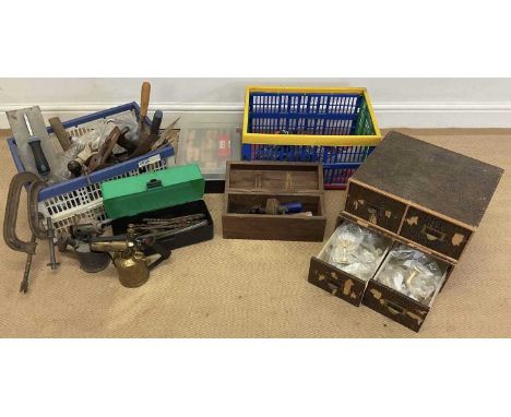A quantity of tools and two storage containers, to include plumbing equipment, plastering items and general diy materials, sc