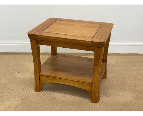 OAK FURNITURE LAND; a light oak contemporary side table, height 45cm, width 50cm, depth 40cm.