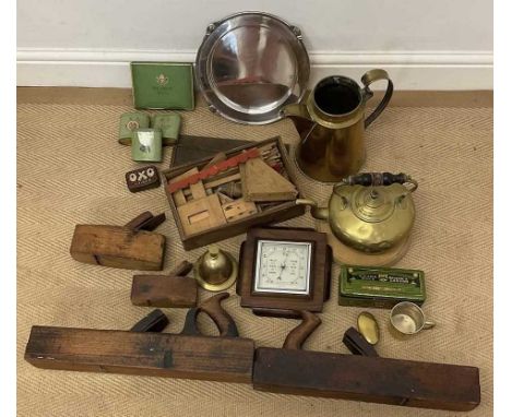 Collectors' items including brass items, wooden tools, an architect's modelling set, tins and other items.
