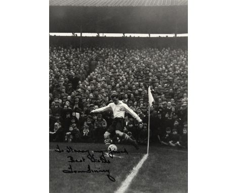 Tom Finney, English Footballer, taking a corner kick with a crowded stand behind, inscribed 'To Harry my friend Best wishes T