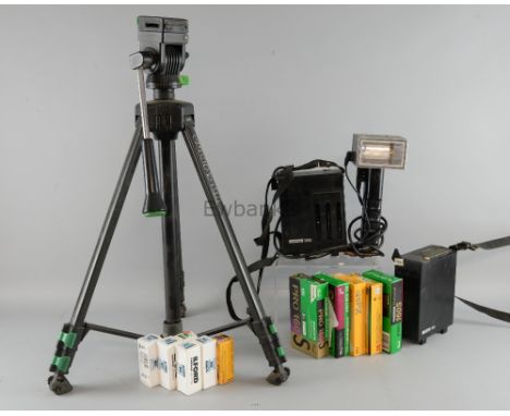 Collection of camera accessories including cases, flashes, battery packs, photography paper & film, tripods, light meters & o