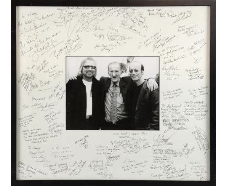 Robin and Barry Gibb (Bee Gees) with Harry Goodwin, black and white photograph, birthday tribute montage to Harry Goodwin, th