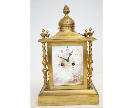 Brass mantle clock with hand painted ceramic dial Height 36 cm 