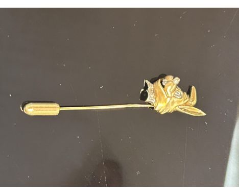 9ct Gold rabbit stick pin set with 2 diamonds Weight 3.2g 