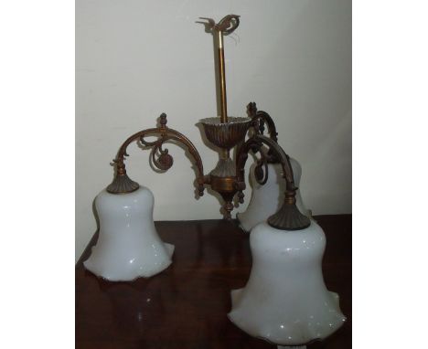 Three branch gilt hanging light fitting with flared opaque glass shades
