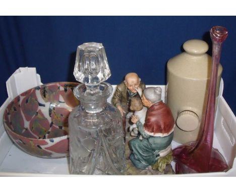 Stoneware hot water bottle, studio pottery bowl, glass decanter, Capo-di-Monte figure group and a studio glass vase