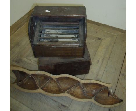 Sectional serving dish made from a split bamboo trunk, stained pine box with slide up lid and small wooden charcoal burner wi