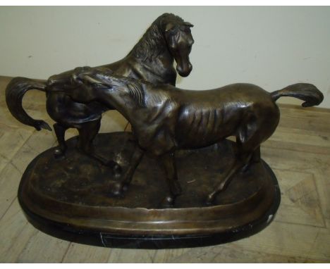 Extremely large and impressive bronze group of horses mounted on marble base (width 70cm, height 45cm)