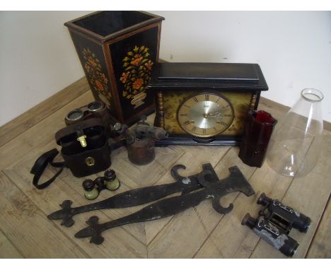 Box of assorted binoculars, opera glasses, glass fly trap, blow torch, wooden lacquered planter with hand painted floral desi