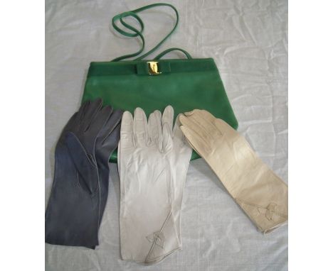Salvatore Ferragamo leather ladies handbag and three pairs of vintage kid skin ladies leather gloves 