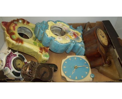 Two Victorian ceramic clock case, Staffordshire style clock case, selection of mantel clocks including mahogany inlaid, brass