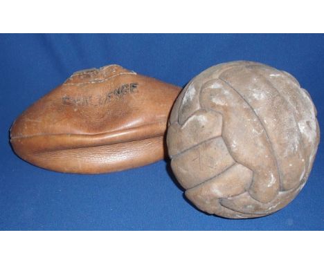 Leather 'Challenge' rugby ball and vintage leather football