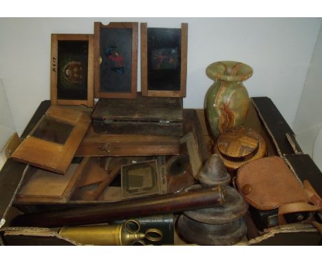 Kodak box Brownie, onyx vase, two small wooden slide boxes, selection of glass slides in wooden mounts, wooden finial, nut cr