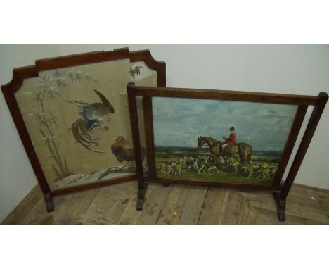 Early to mid 20th C mahogany framed silk work fire screen depicting fighting cocks and another unframed fire screen with hunt