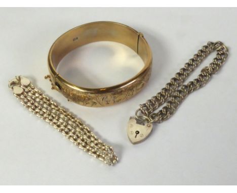SILVER BROAD HINGE OPENING BANGLE with engraved top and two silver chain bracelets,  1 1/2 oz in total (3)