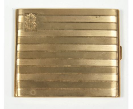 9ct GOLD POCKET CIGARETTE CASE, oblong and cushion shaped with engine turned striped decoration, plain straight sides, 3 3/4"