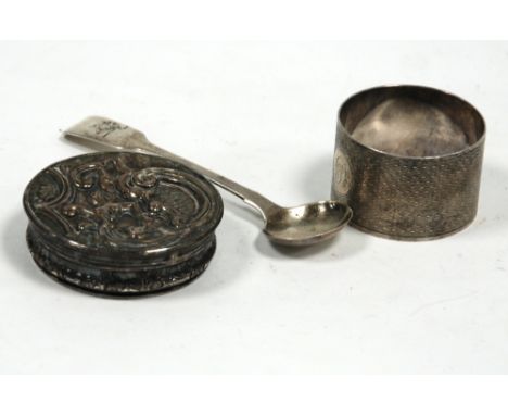 SILVER NAPKIN RING, broad circular and with engine turned decoration, 1" diameter, Birmingham 1927; William IV silver fiddle 