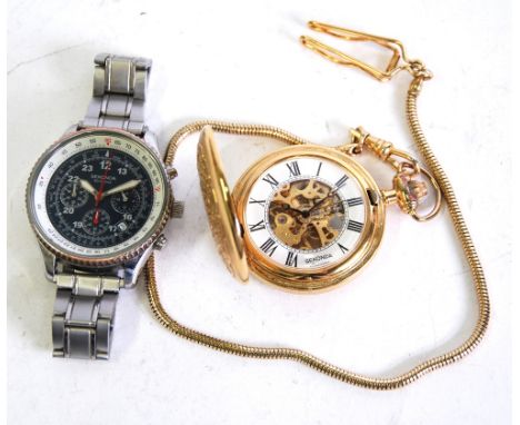 SEKONDA BOXED MODERN GILT METAL CASED HUNTER POCKET WATCH with self-wind movement, the action visible from front and rear whe