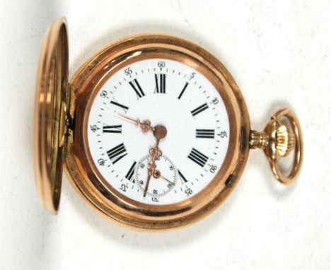 DULAURIER, SWISS 14K GOLD CASED HUNTER FOB WATCH, with keyless movement subsidiary seconds dial to the white enamel dial, the