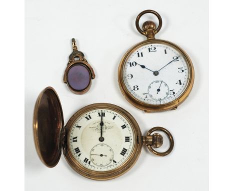 THOMAS RUSSELL & SON, LIVERPOOL, ROLLED GOLD HUNTER POCKETWATCH with Swiss keyless movement, white Roman dial with subsidiary